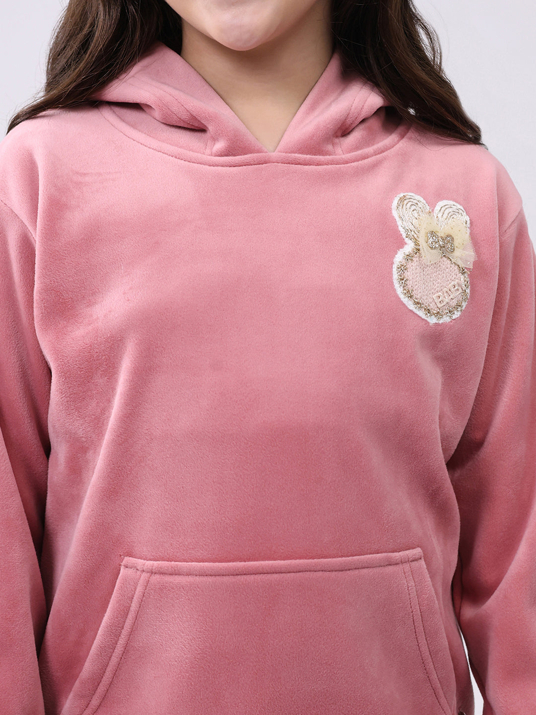 Girls Peach Solid Hooded Full Sleeve Sweatshirt