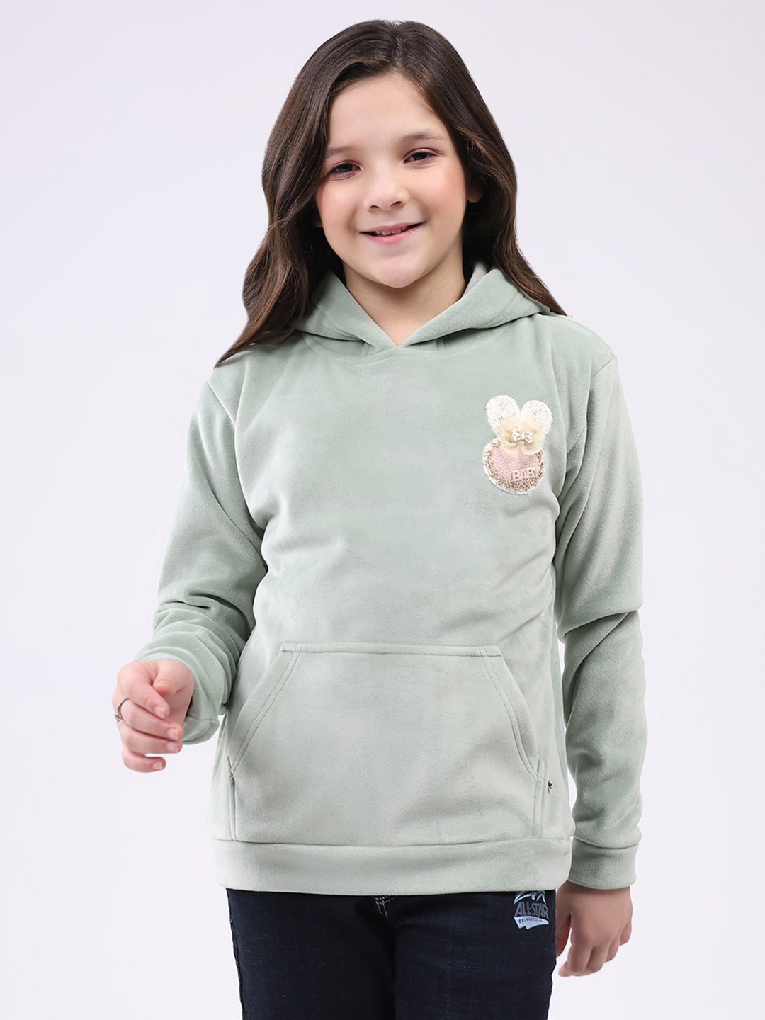 Girls Green Solid Hooded Full Sleeve Sweatshirt
