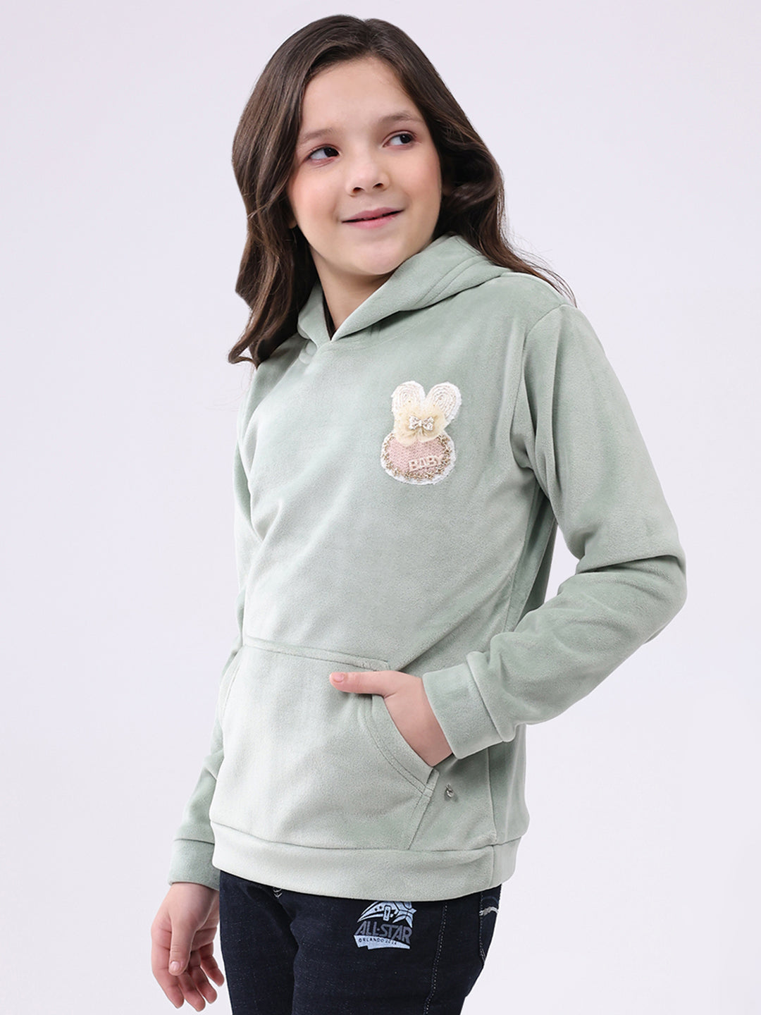 Girls Green Solid Hooded Full Sleeve Sweatshirt