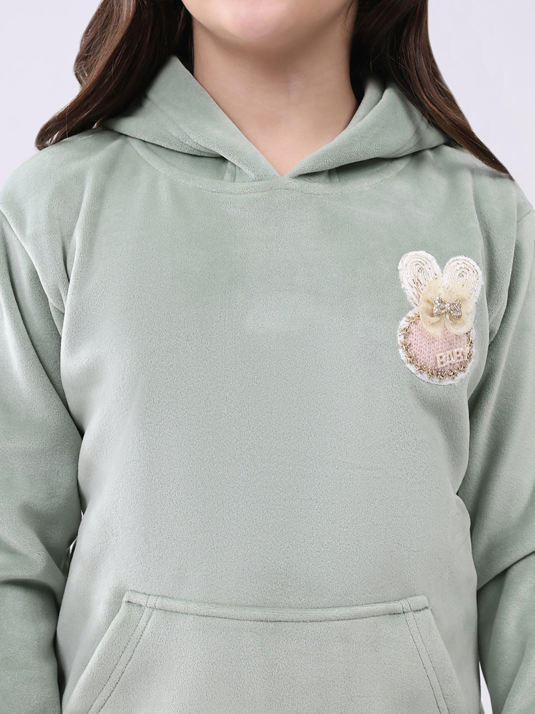 Girls Green Solid Hooded Full Sleeve Sweatshirt