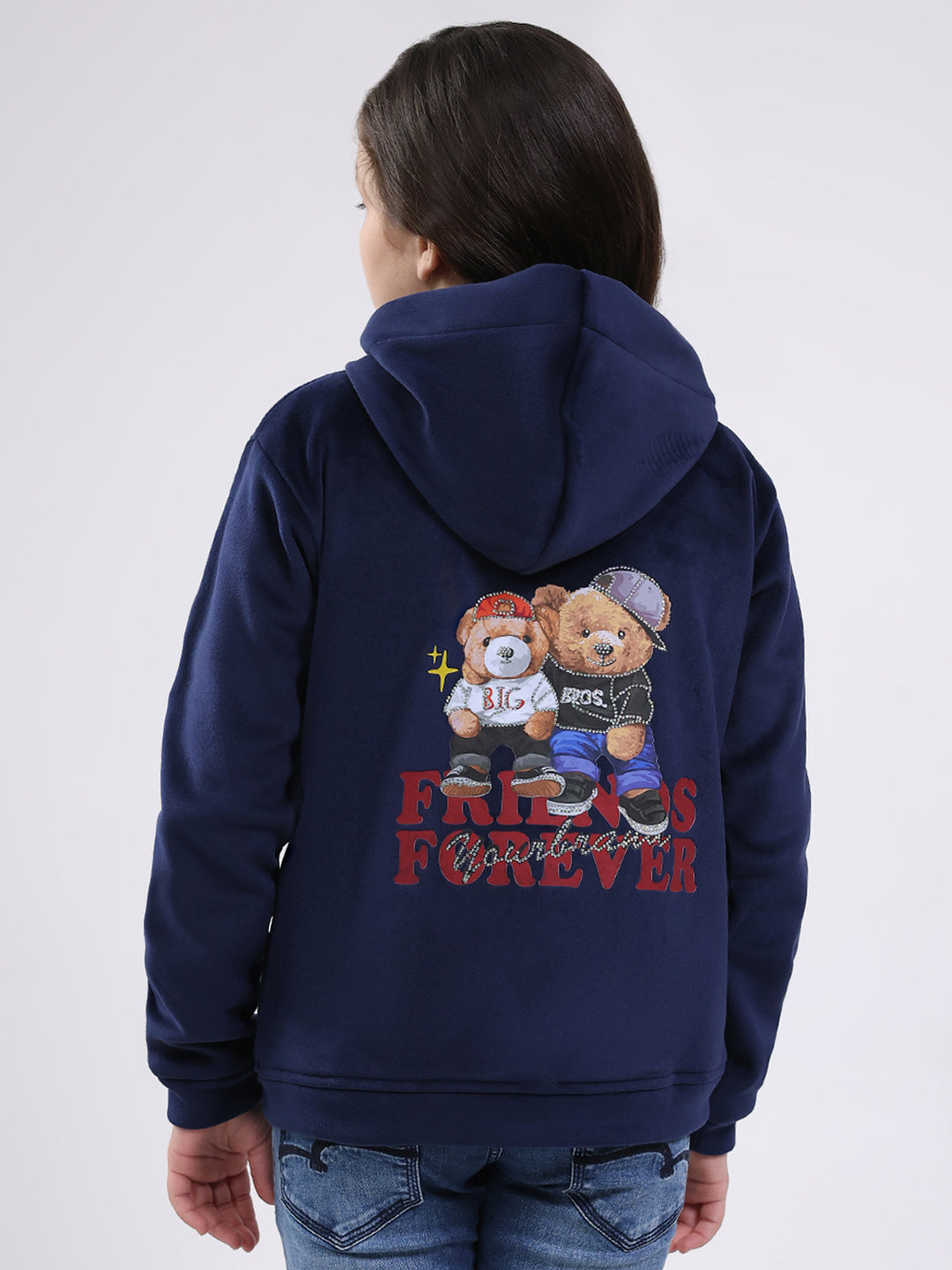 Girls Navy Blue Printed Hooded Full Sleeve Sweatshirt