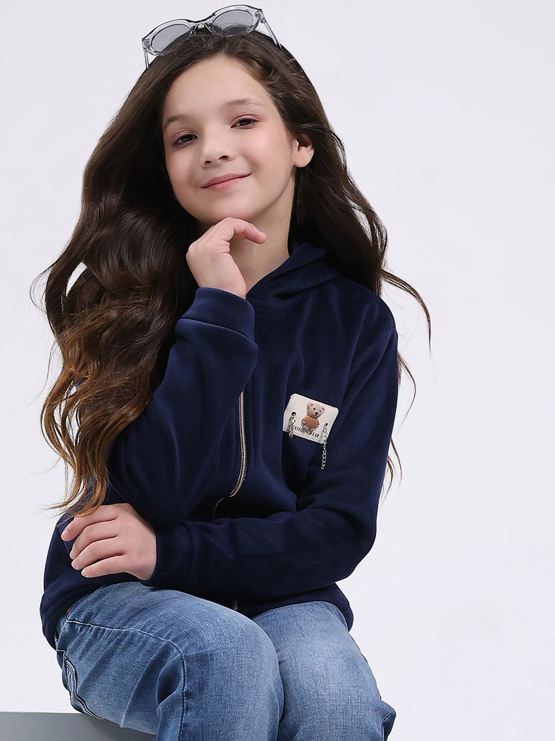 Girls Navy Blue Printed Hooded Full Sleeve Sweatshirt