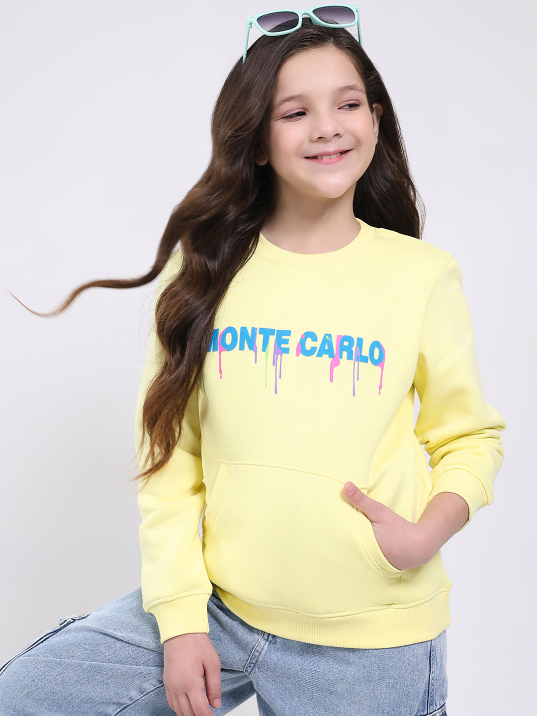 Girls Yellow Printed Round Neck Full Sleeve Sweatshirt