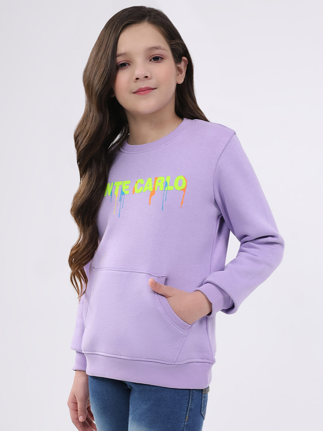 Girls Purple Printed Round Neck Full Sleeve Sweatshirt
