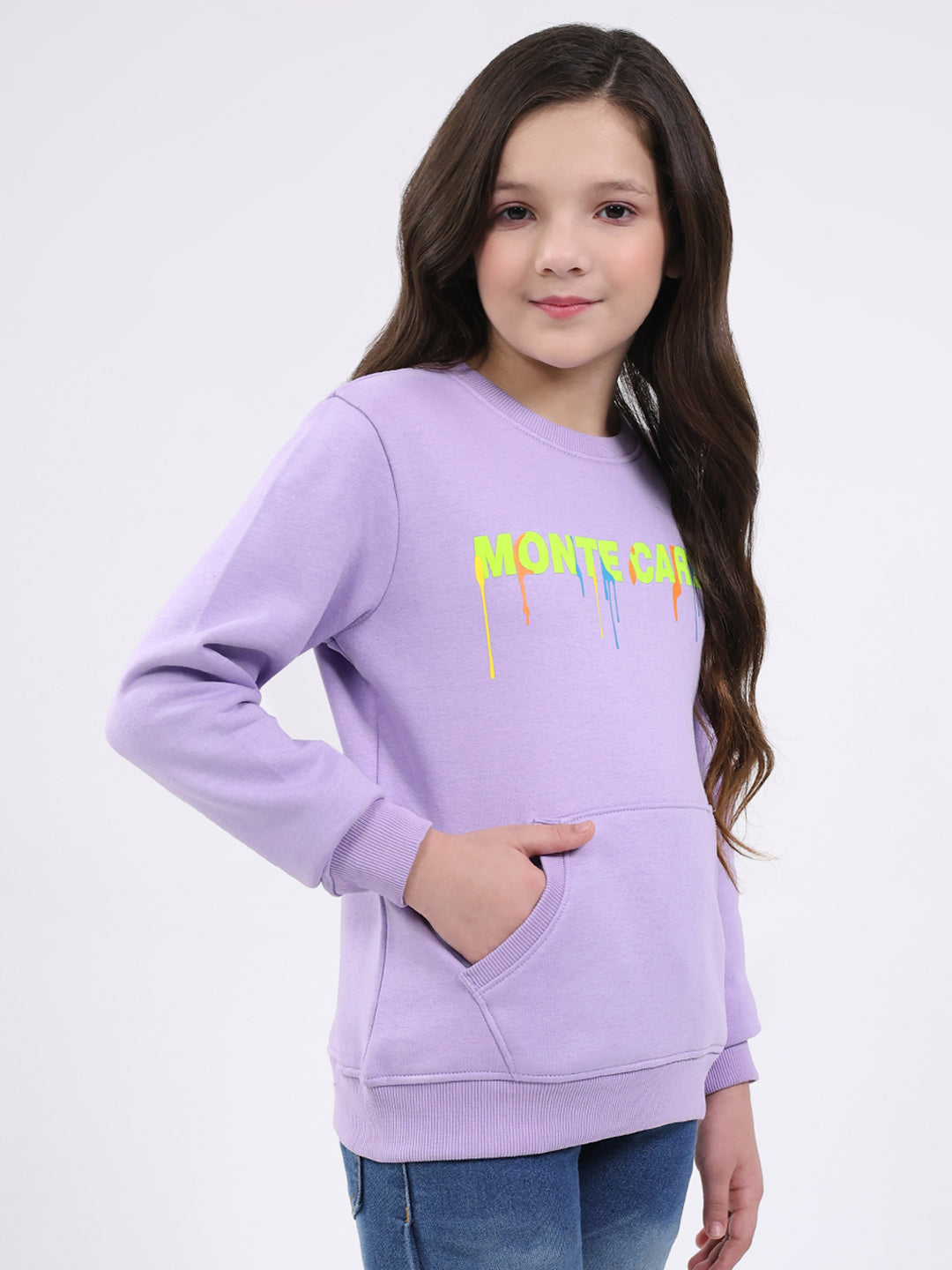 Girls Purple Printed Round Neck Full Sleeve Sweatshirt