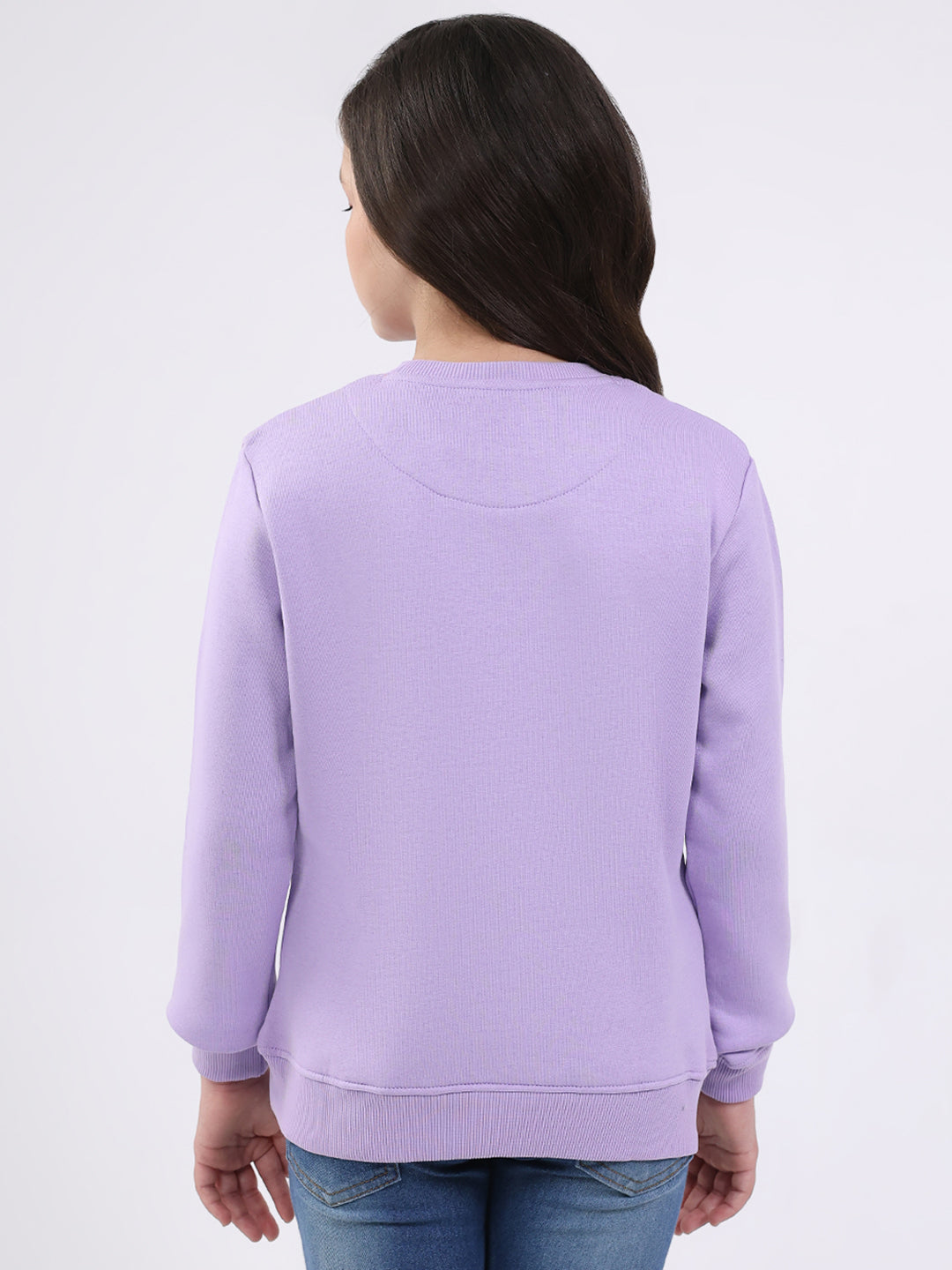 Girls Purple Printed Round Neck Full Sleeve Sweatshirt
