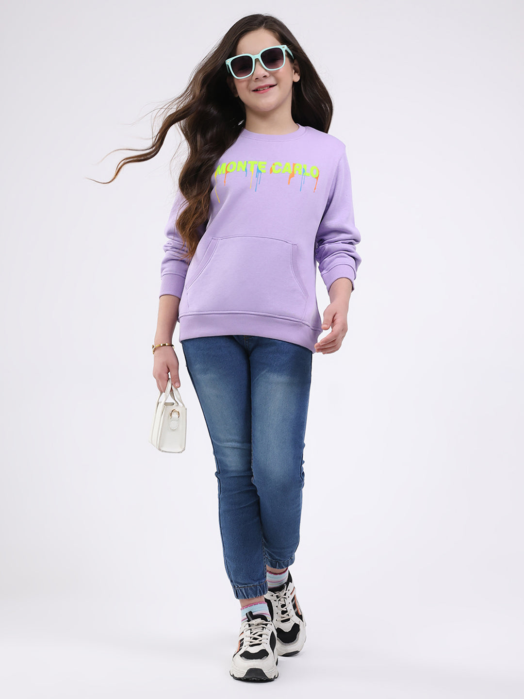 Girls Purple Printed Round Neck Full Sleeve Sweatshirt