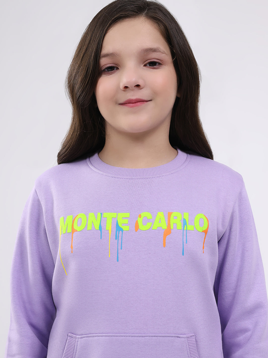 Girls Purple Printed Round Neck Full Sleeve Sweatshirt