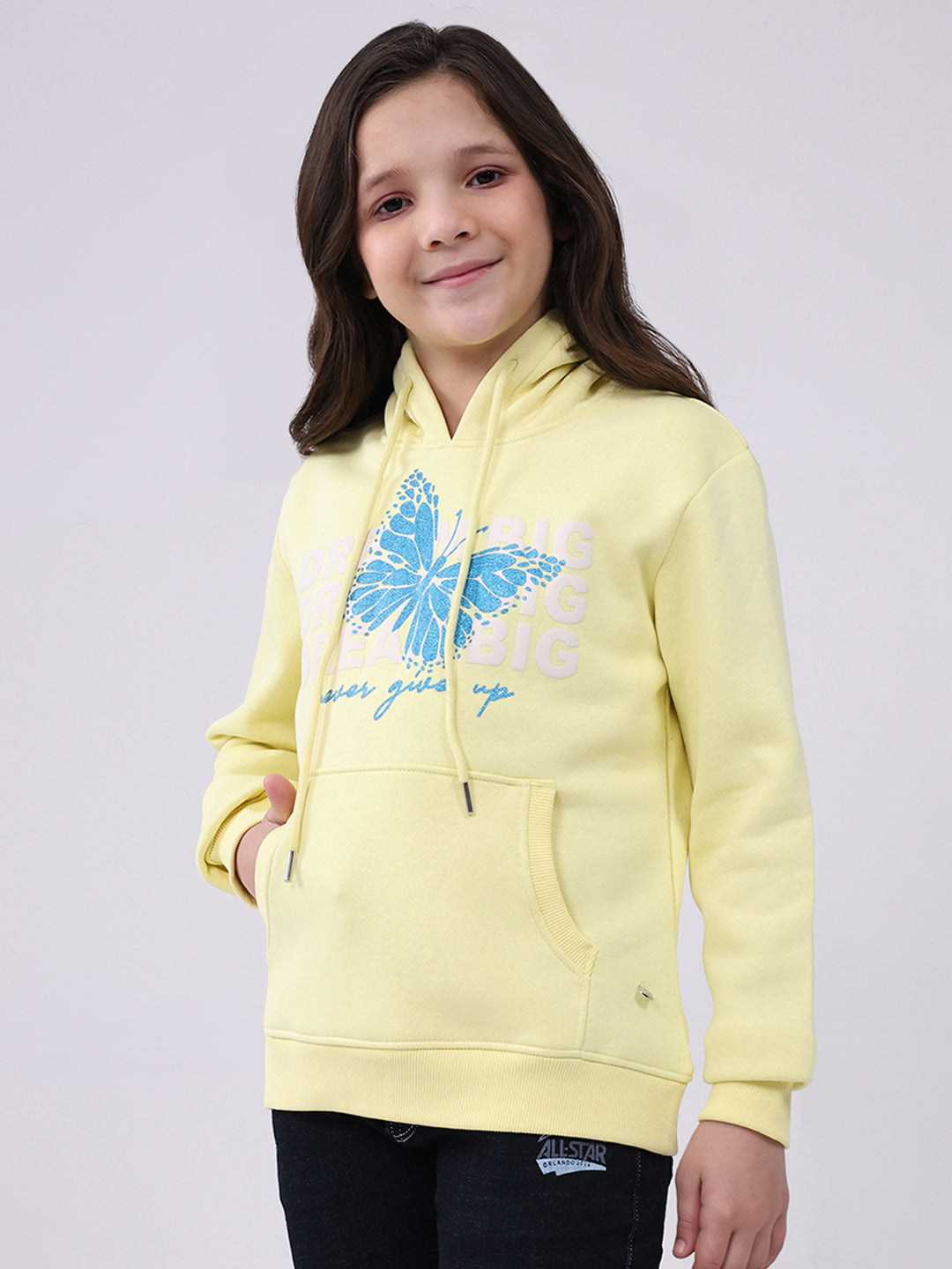 Girls Yellow Printed Hooded Full Sleeve Sweatshirt