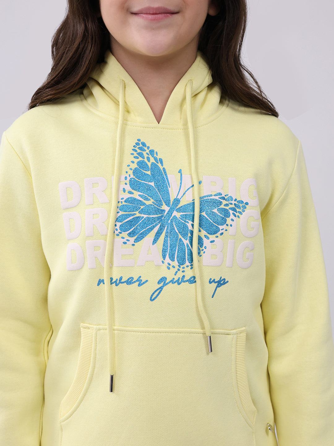 Girls Yellow Printed Hooded Full Sleeve Sweatshirt
