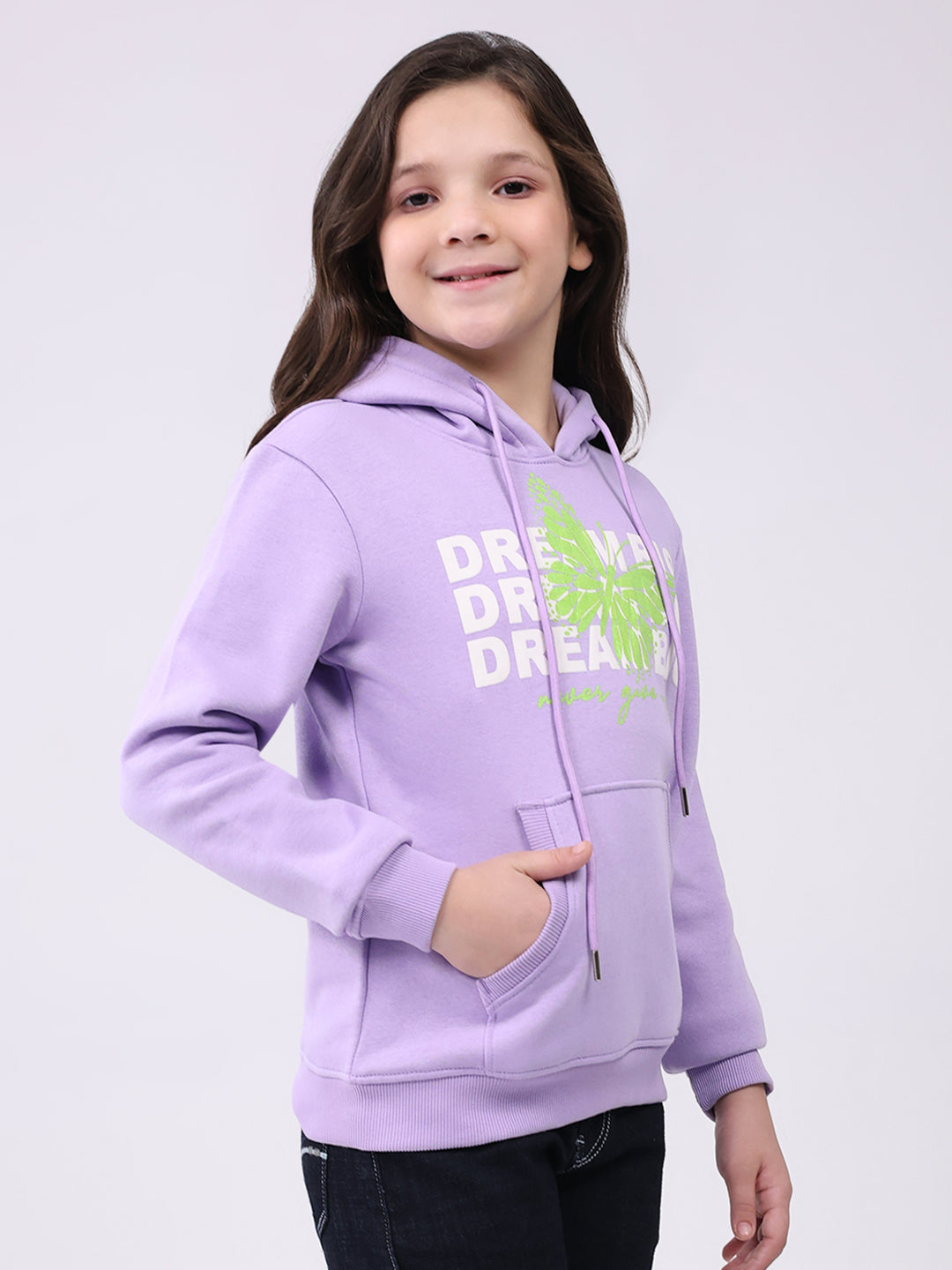 Girls Purple Printed Hooded Full Sleeve Sweatshirt