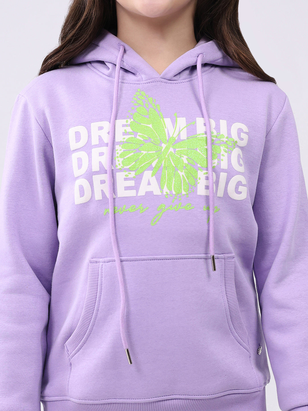 Girls Purple Printed Hooded Full Sleeve Sweatshirt