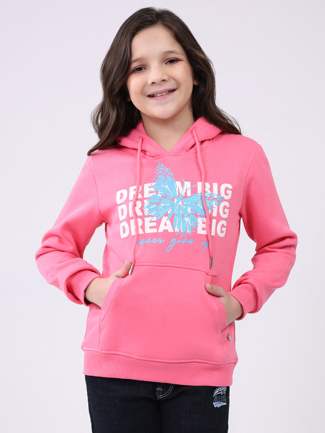 Girls Pink Printed Hooded Full Sleeve Sweatshirt