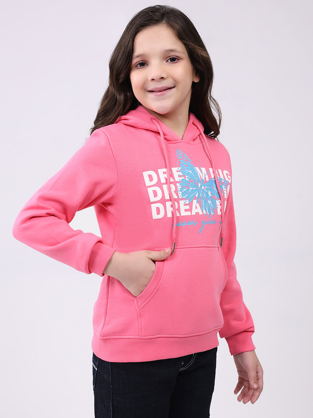 Girls Pink Printed Hooded Full Sleeve Sweatshirt