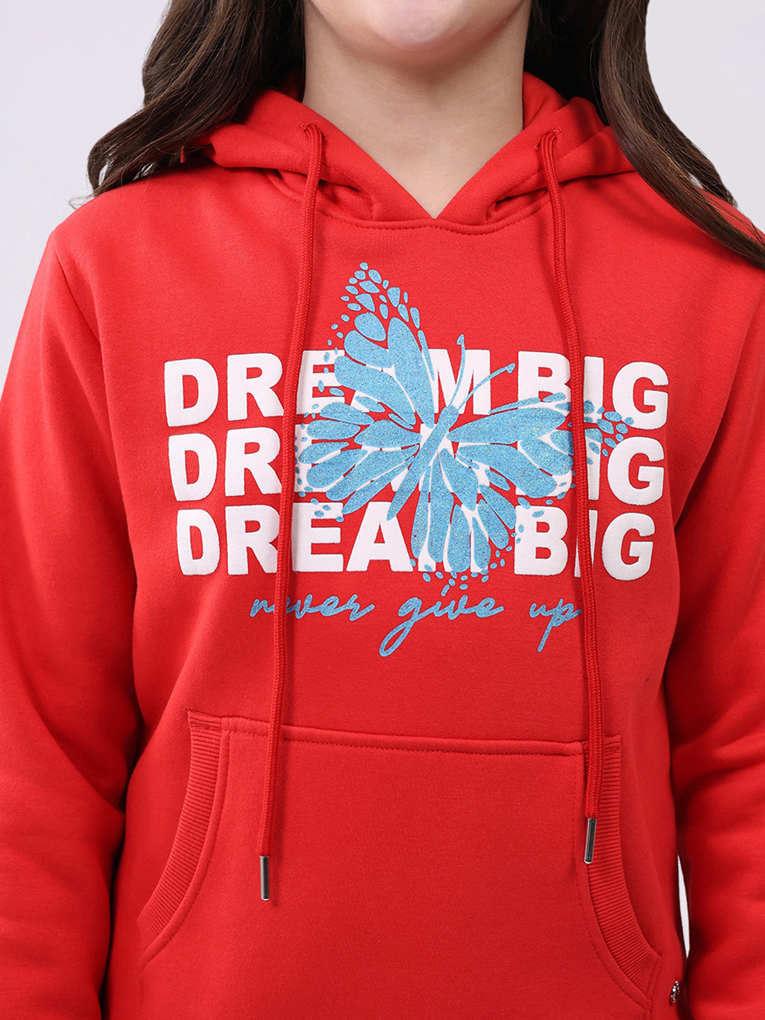 Girls Red Printed Hooded Full Sleeve Sweatshirt