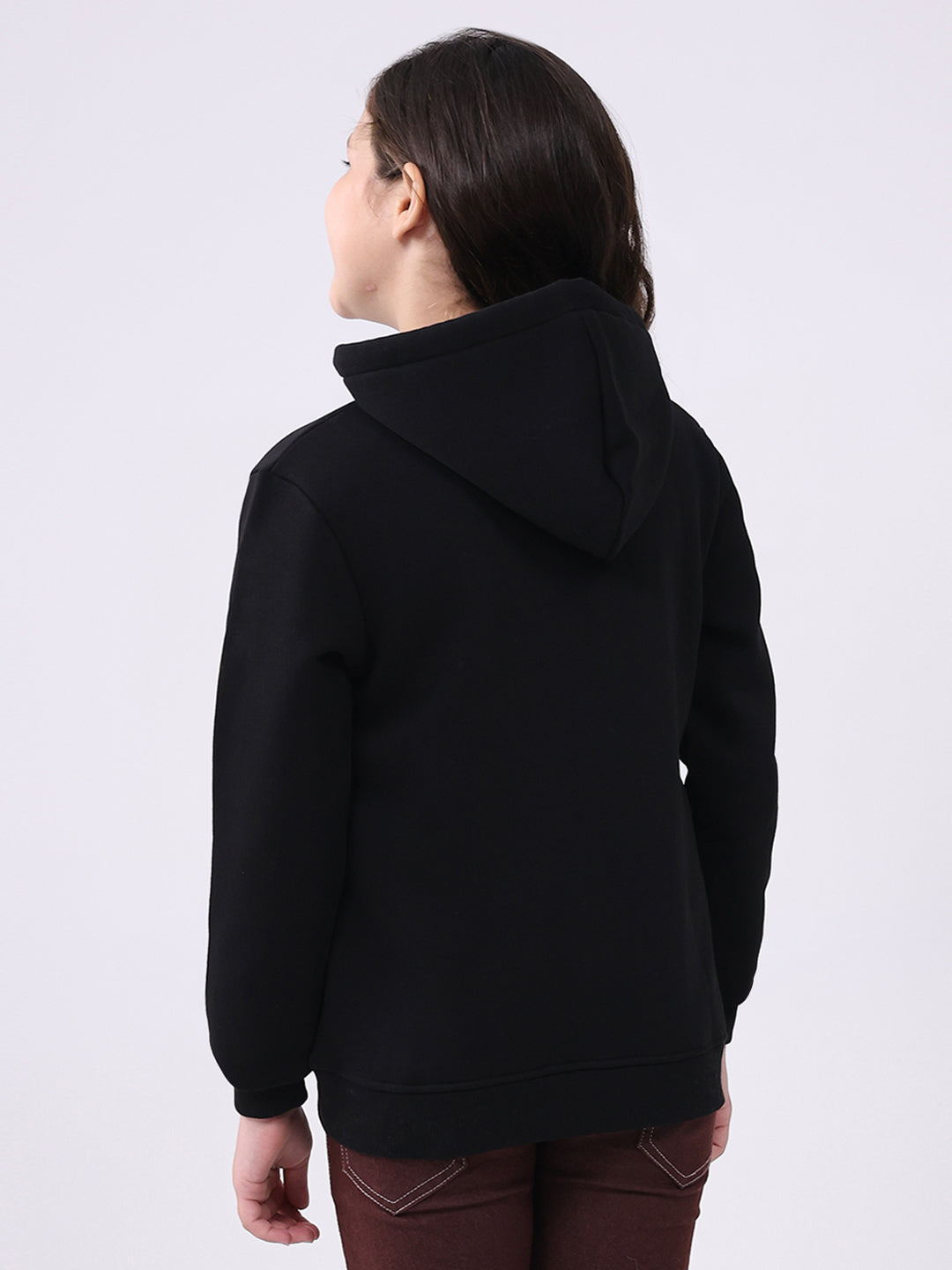 Girls Black Printed Hooded Full Sleeve Sweatshirt