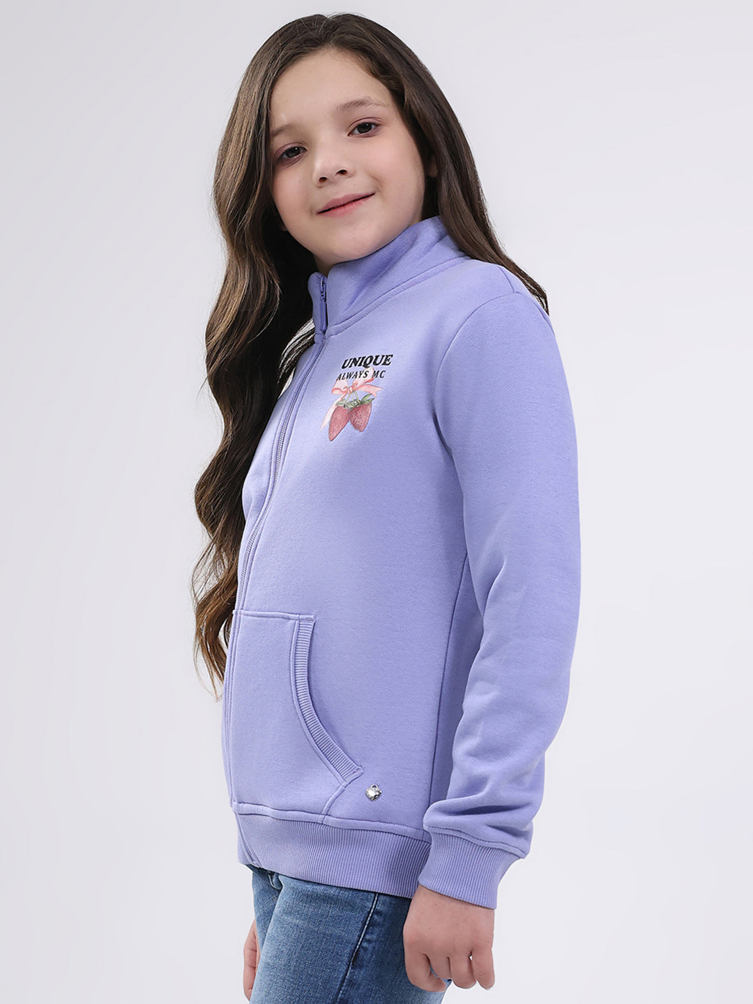 Girls Purple Printed Mock Neck Full Sleeve Sweatshirt