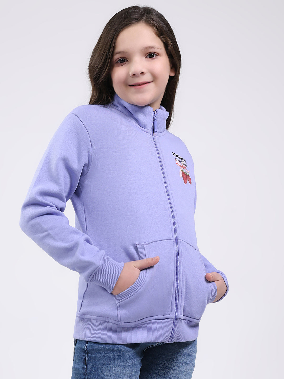 Girls Purple Printed Mock Neck Full Sleeve Sweatshirt