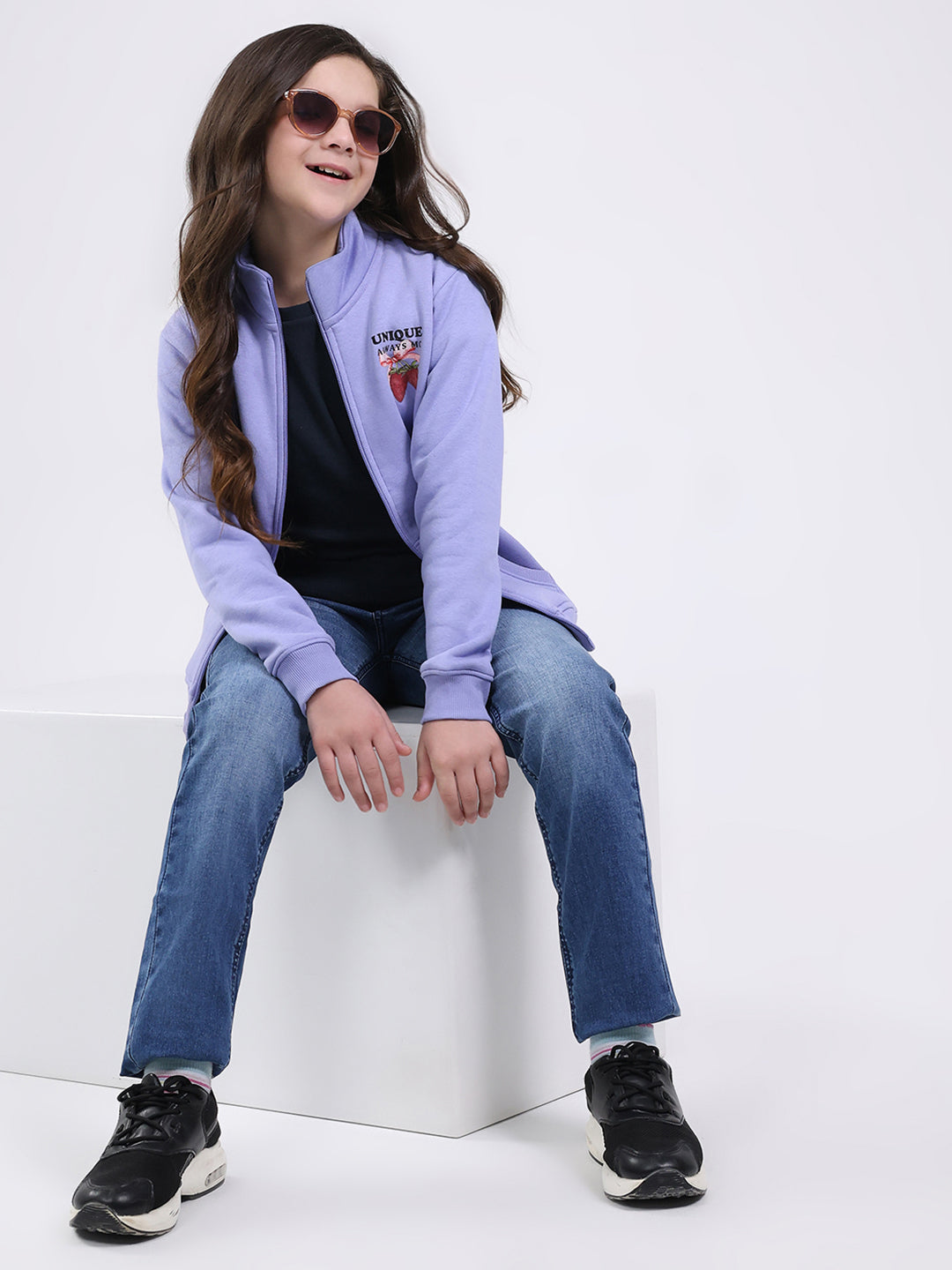 Girls Purple Printed Mock Neck Full Sleeve Sweatshirt