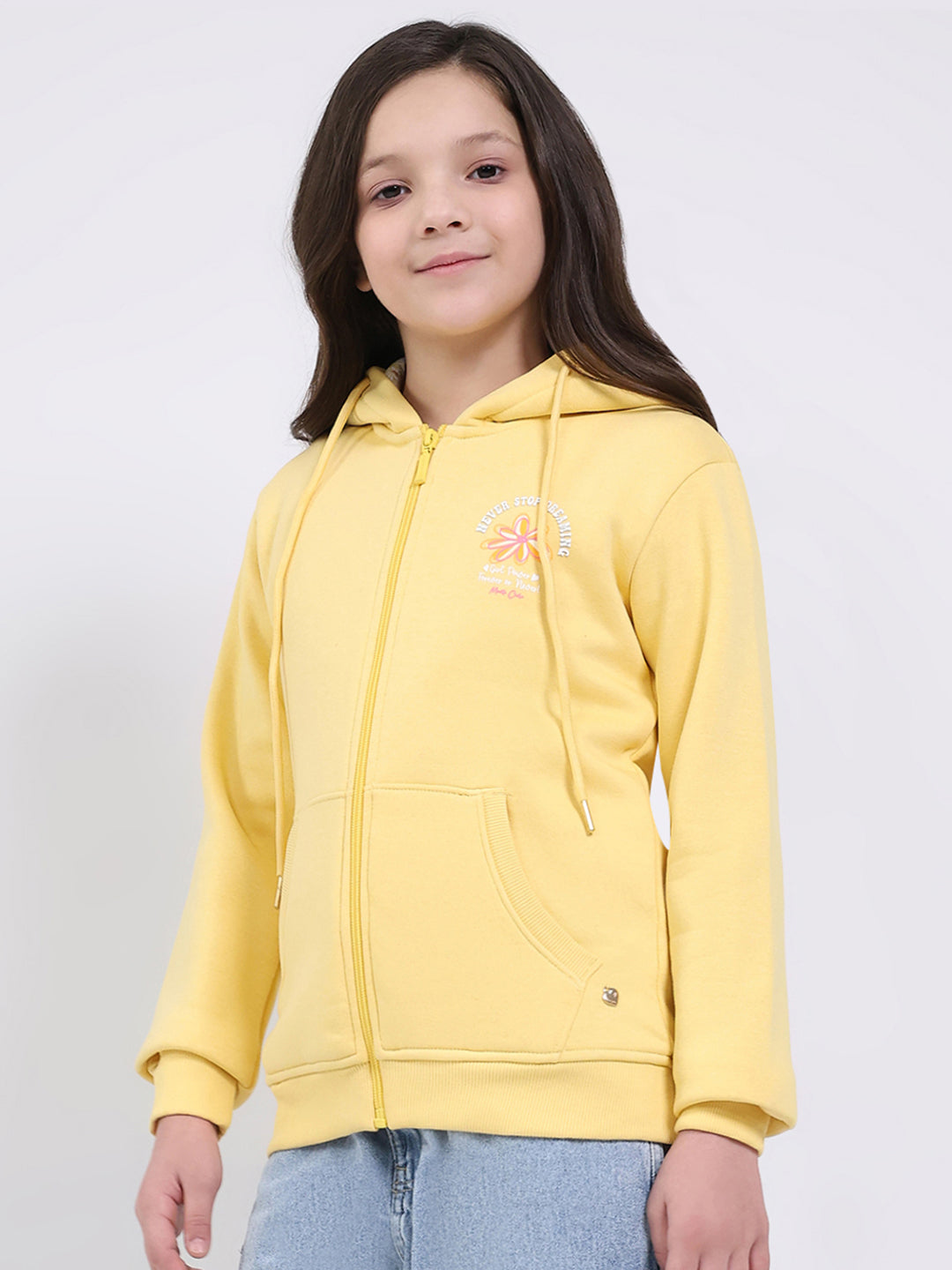 Girls Yellow Printed Hooded Full Sleeve Sweatshirt