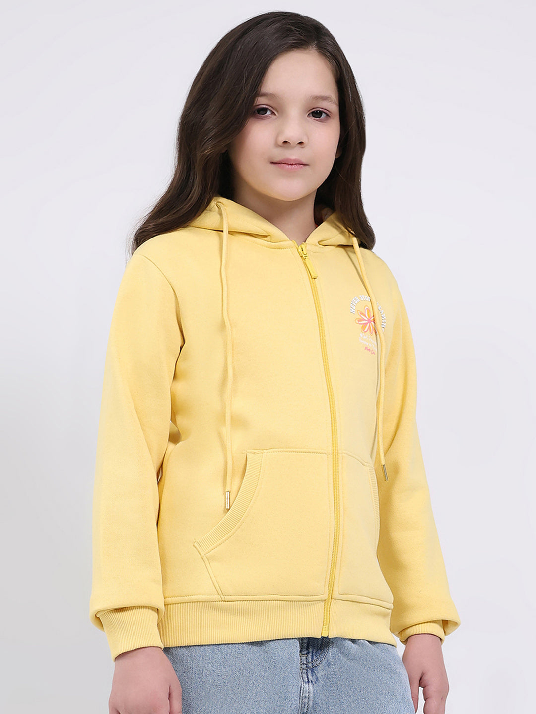Girls Yellow Printed Hooded Full Sleeve Sweatshirt