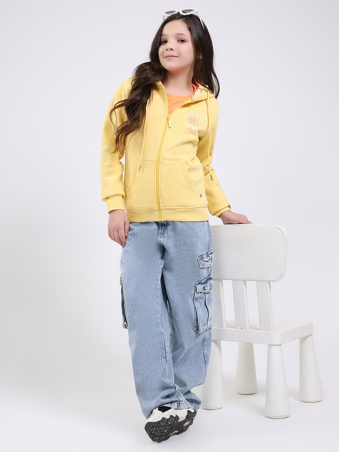 Girls Yellow Printed Hooded Full Sleeve Sweatshirt