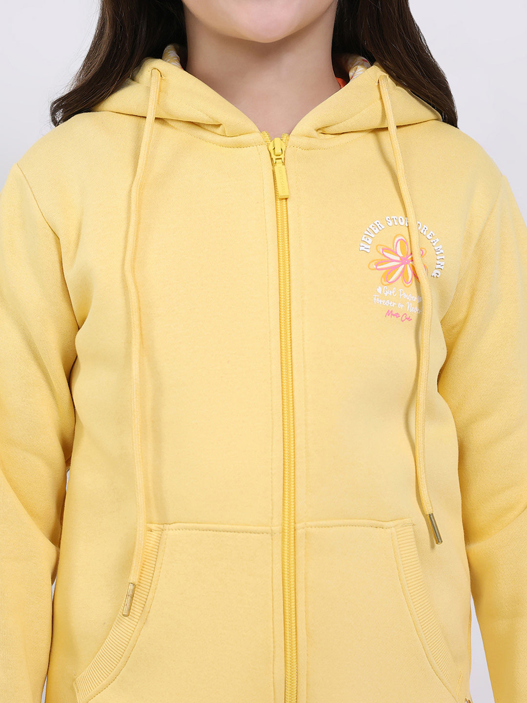 Girls Yellow Printed Hooded Full Sleeve Sweatshirt
