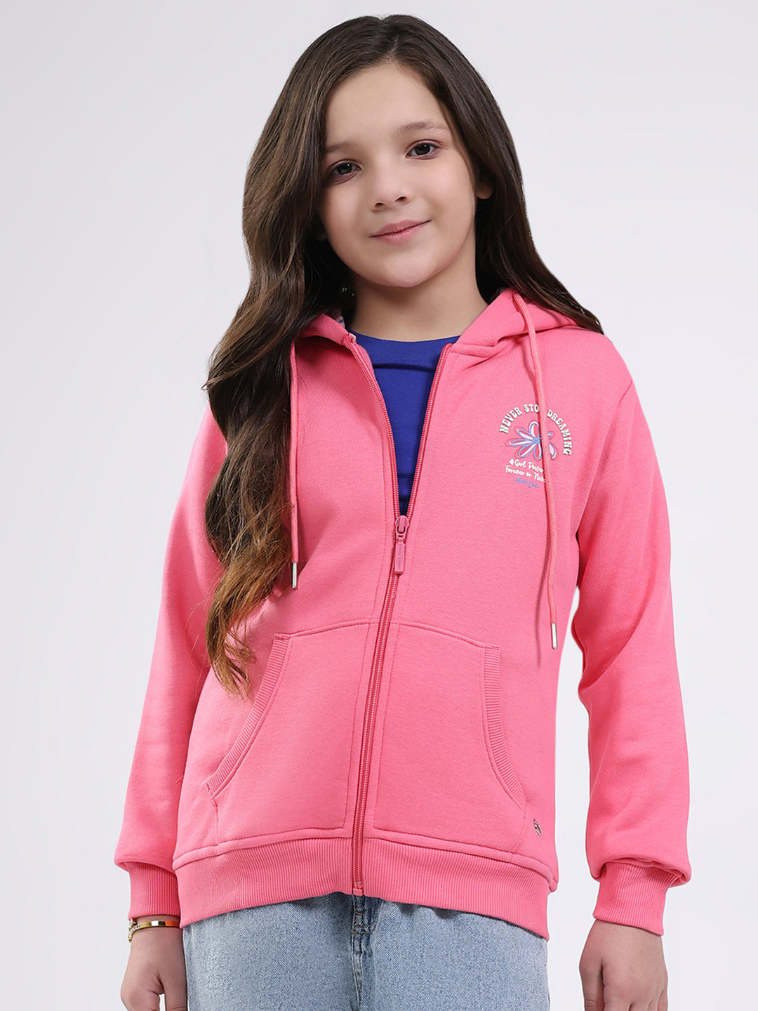 Girls Pink Printed Hooded Full Sleeve Sweatshirt