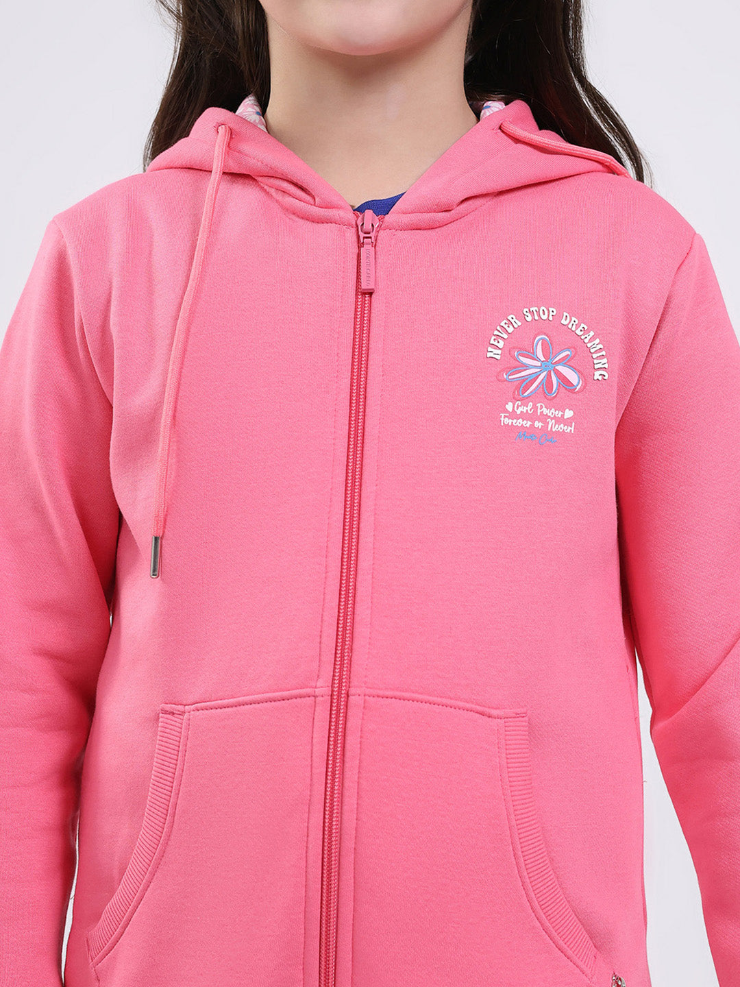 Girls Pink Printed Hooded Full Sleeve Sweatshirt