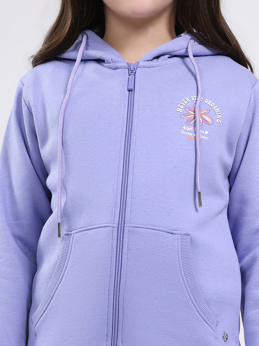 Girls Blue Printed Hooded Full Sleeve Sweatshirt