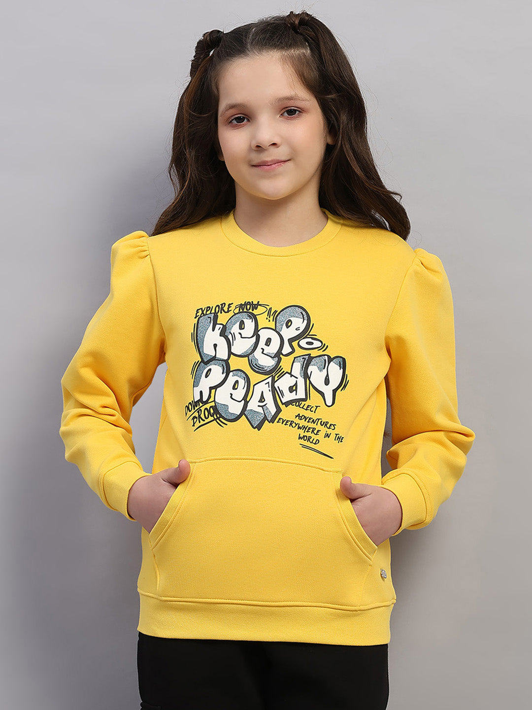 Girls Yellow Printed Round Neck Full Sleeve Sweatshirt