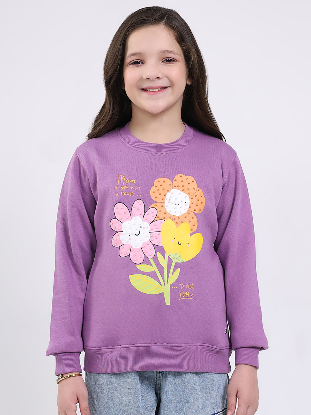 Girls Purple Printed Round Neck Full Sleeve Sweatshirt