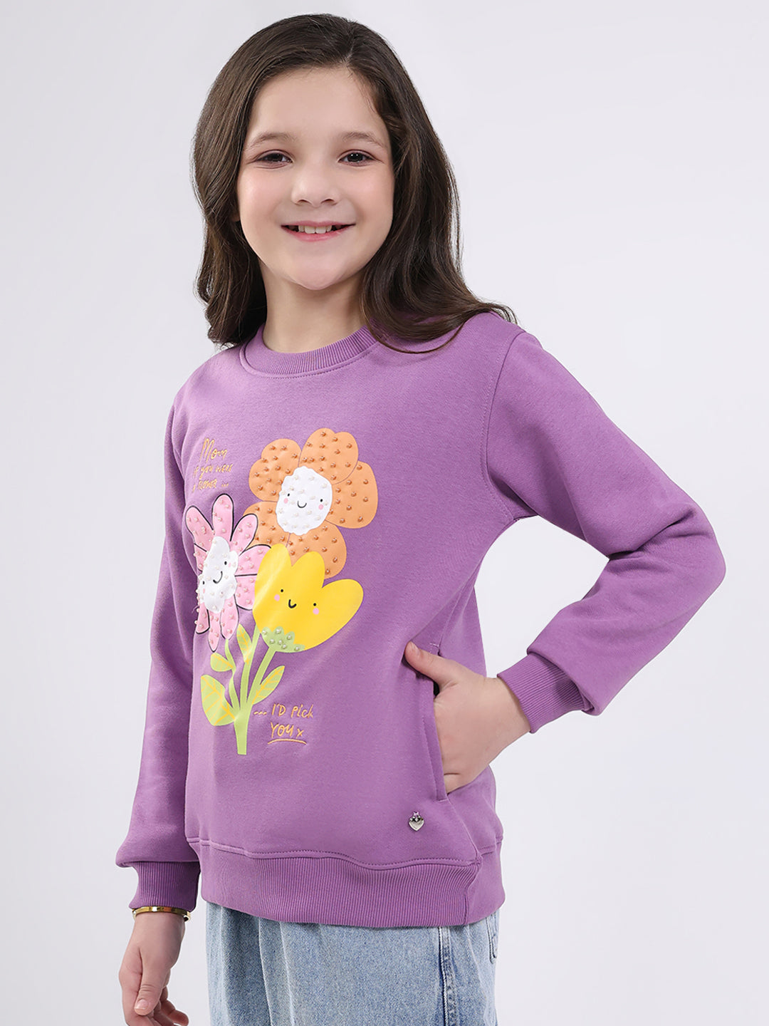 Girls Purple Printed Round Neck Full Sleeve Sweatshirt