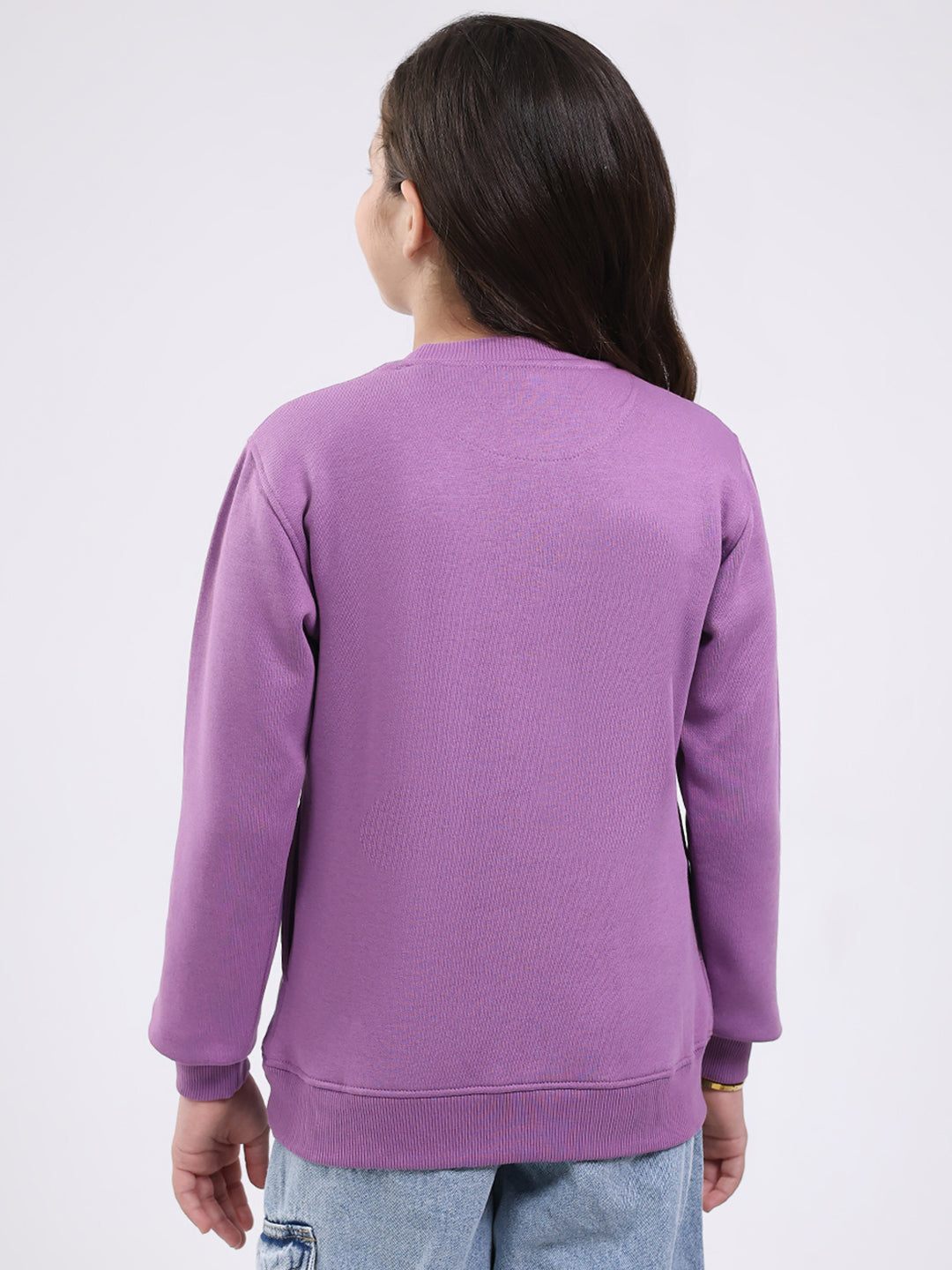Girls Purple Printed Round Neck Full Sleeve Sweatshirt