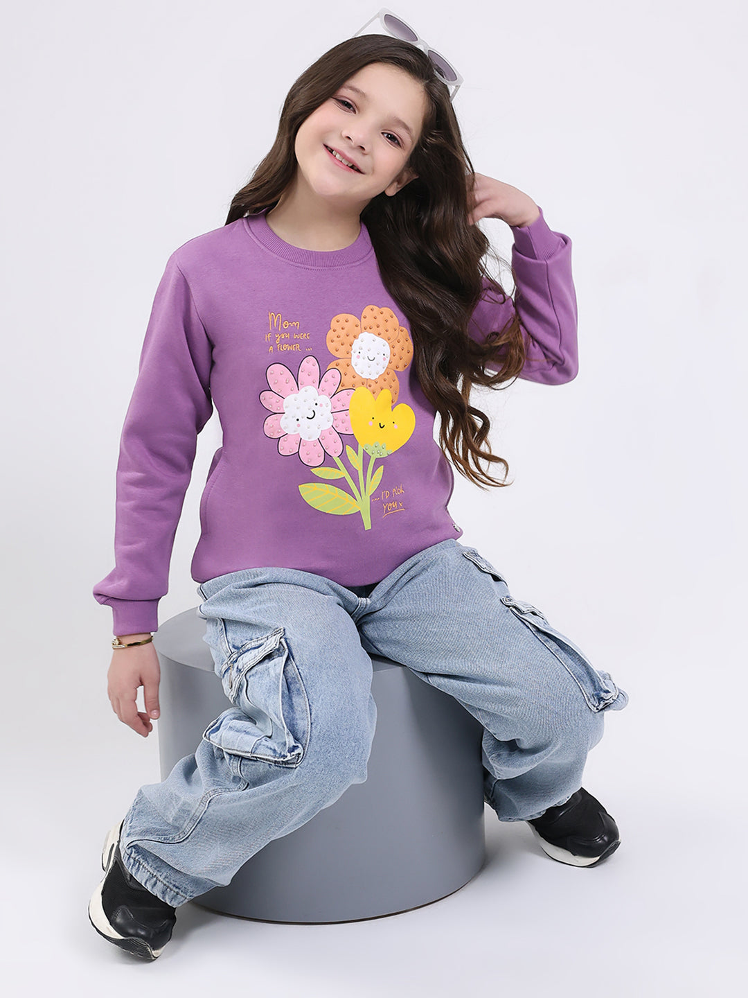 Girls Purple Printed Round Neck Full Sleeve Sweatshirt