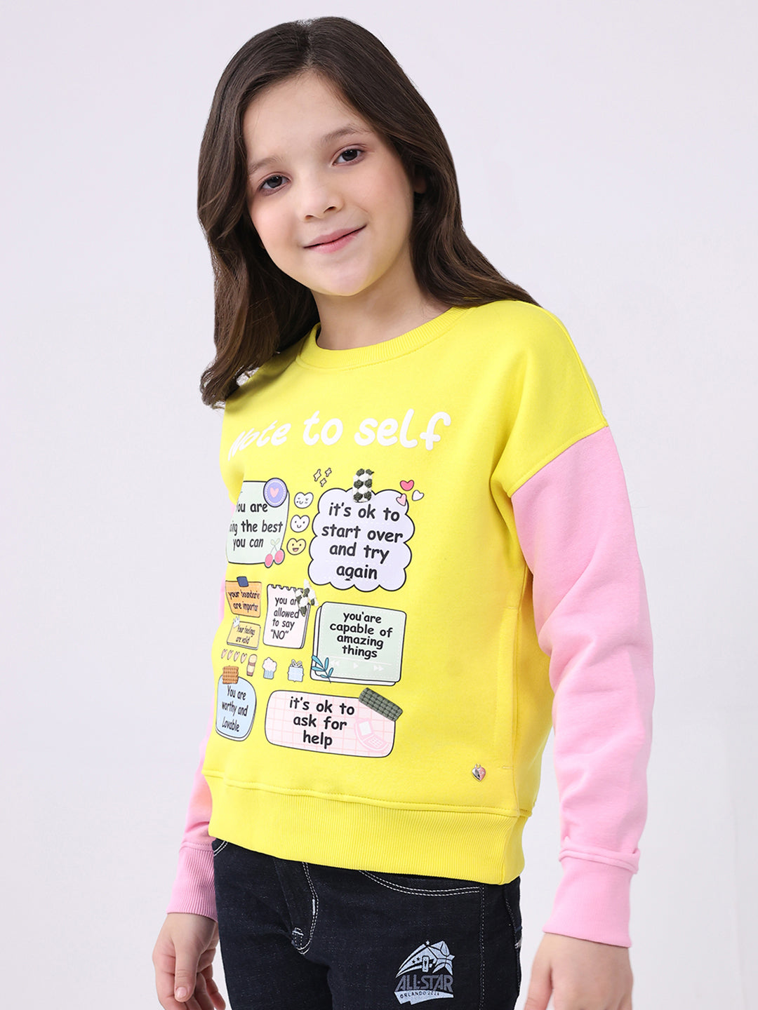 Girls Yellow Printed Round Neck Full Sleeve Sweatshirt