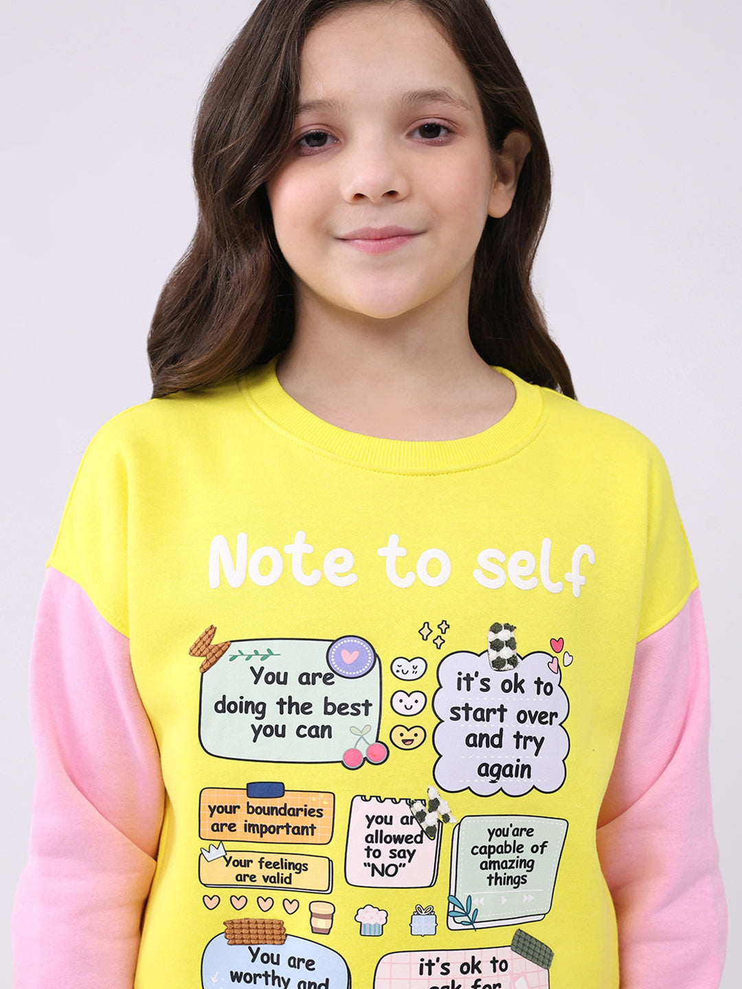 Girls Yellow Printed Round Neck Full Sleeve Sweatshirt