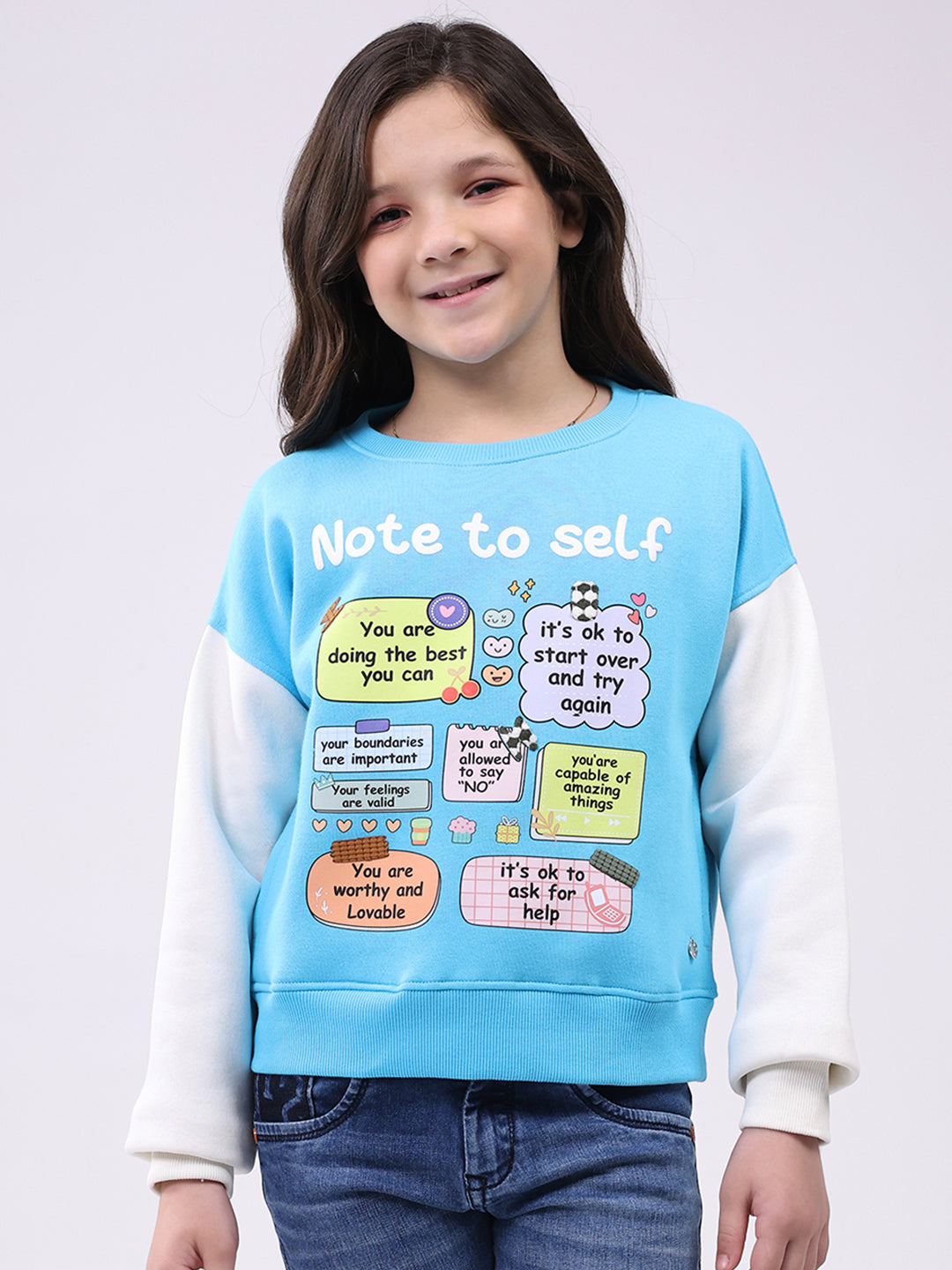 Girls Turquoise Blue Printed Round Neck Full Sleeve Sweatshirt