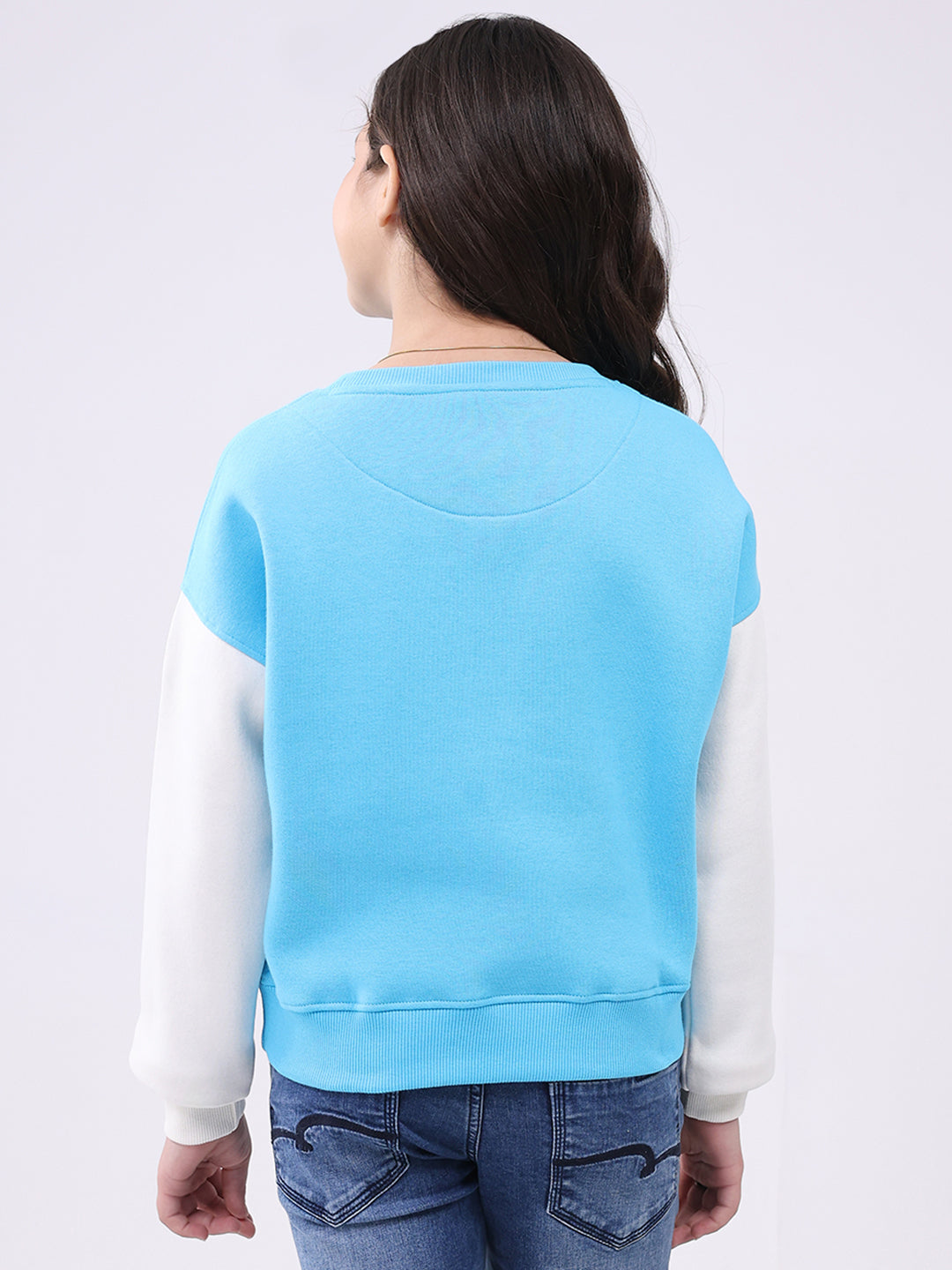 Girls Turquoise Blue Printed Round Neck Full Sleeve Sweatshirt