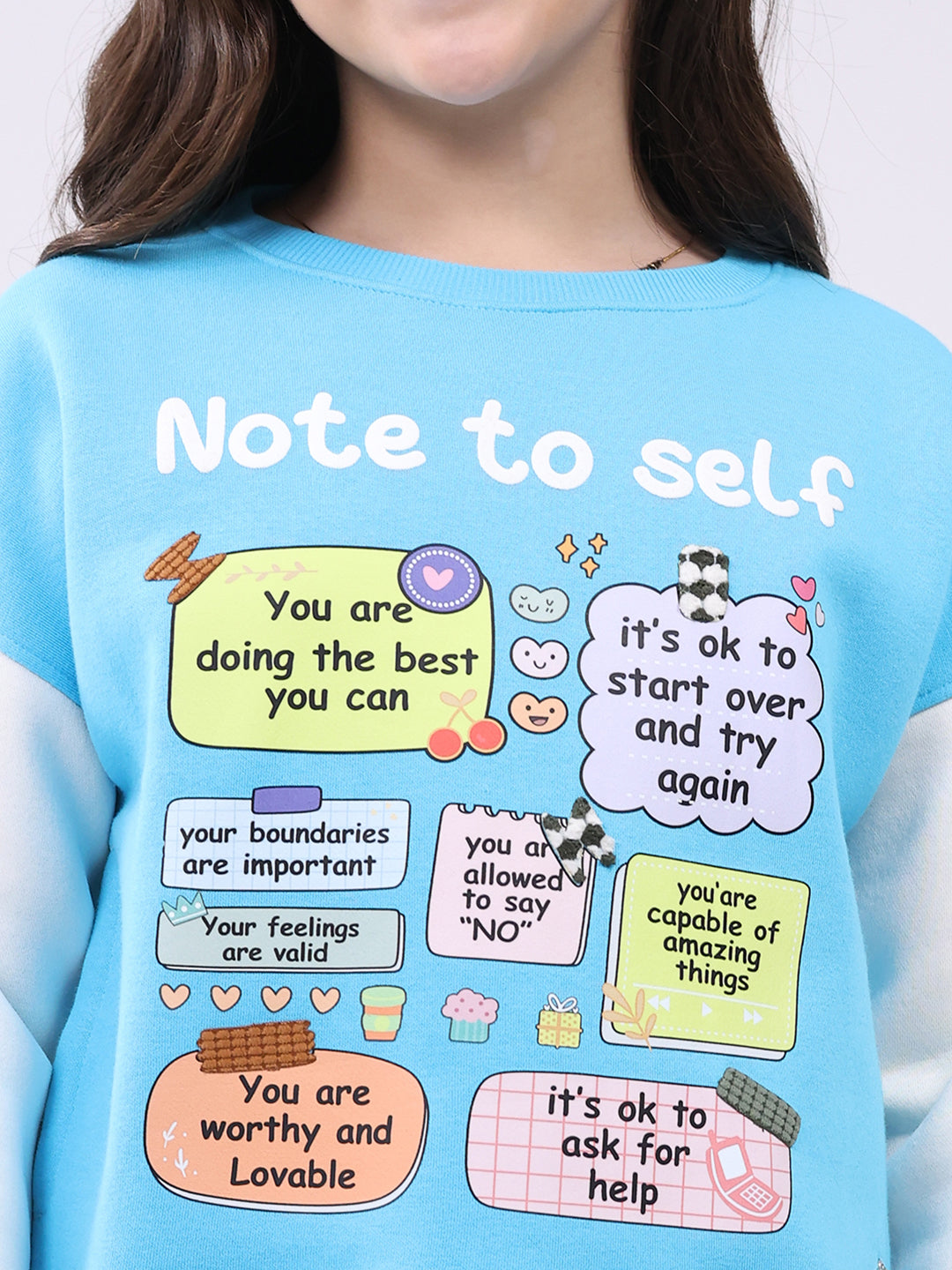 Girls Turquoise Blue Printed Round Neck Full Sleeve Sweatshirt