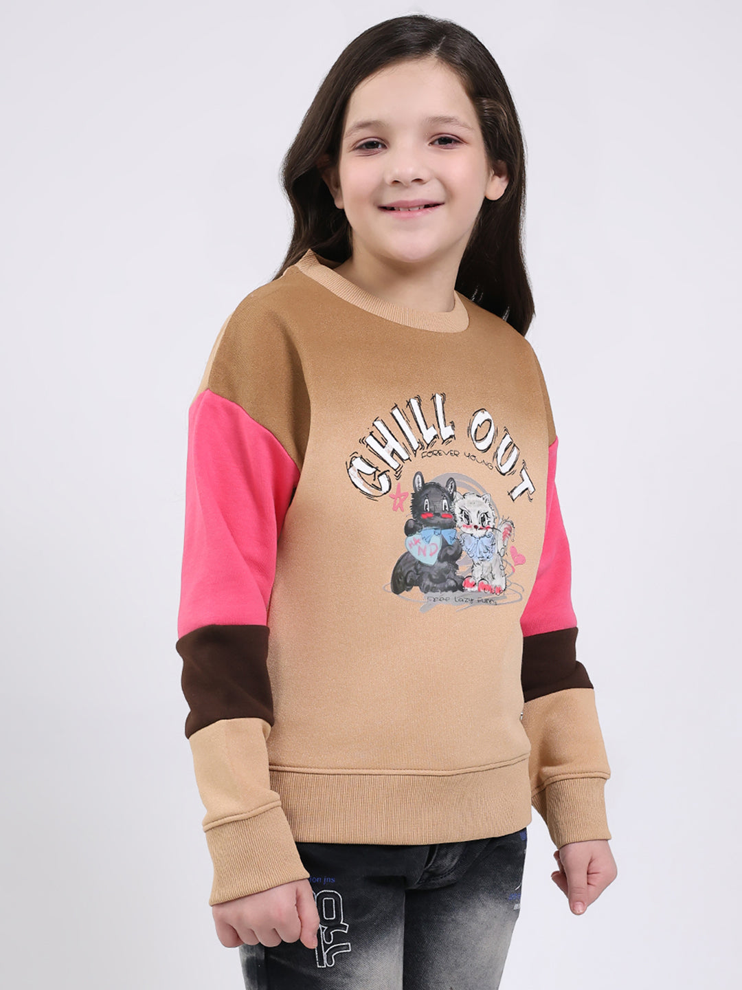 Girls Brown Printed Round Neck Full Sleeve Sweatshirt