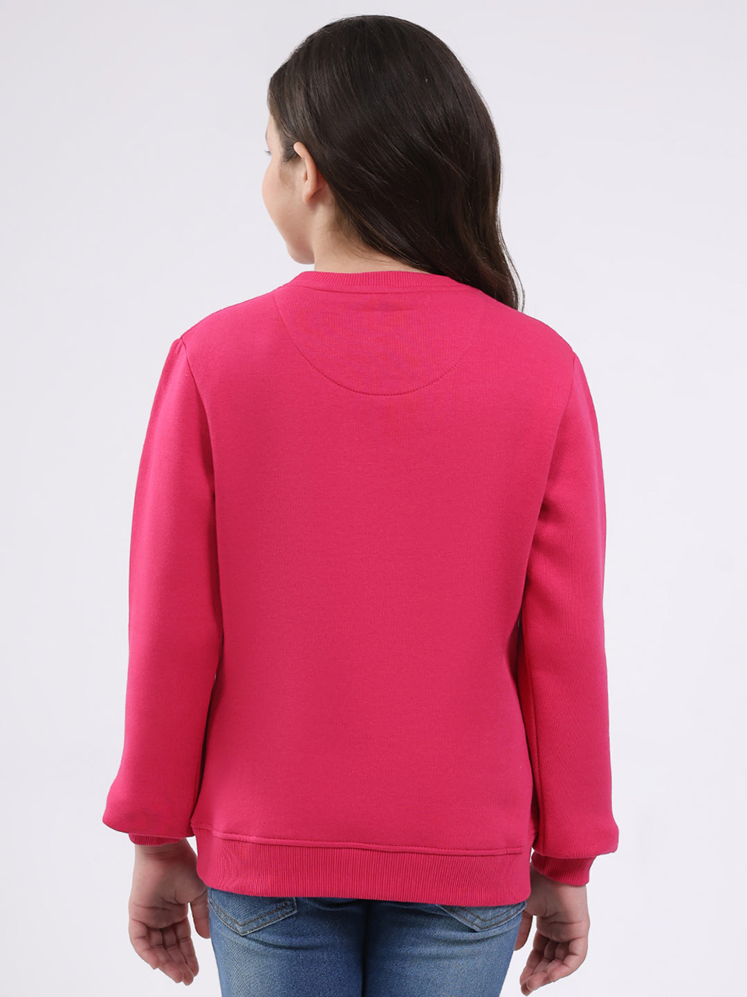 Girls Magenta Printed Round Neck Full Sleeve Sweatshirt