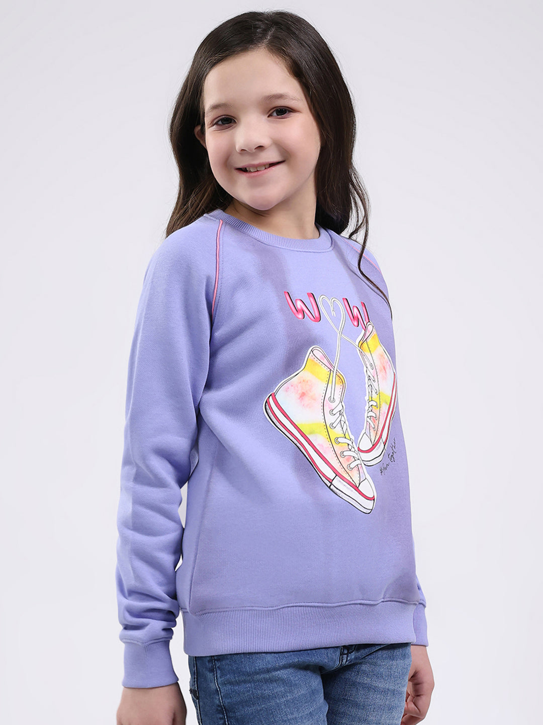 Girls Purple Printed Round Neck Full Sleeve Sweatshirt