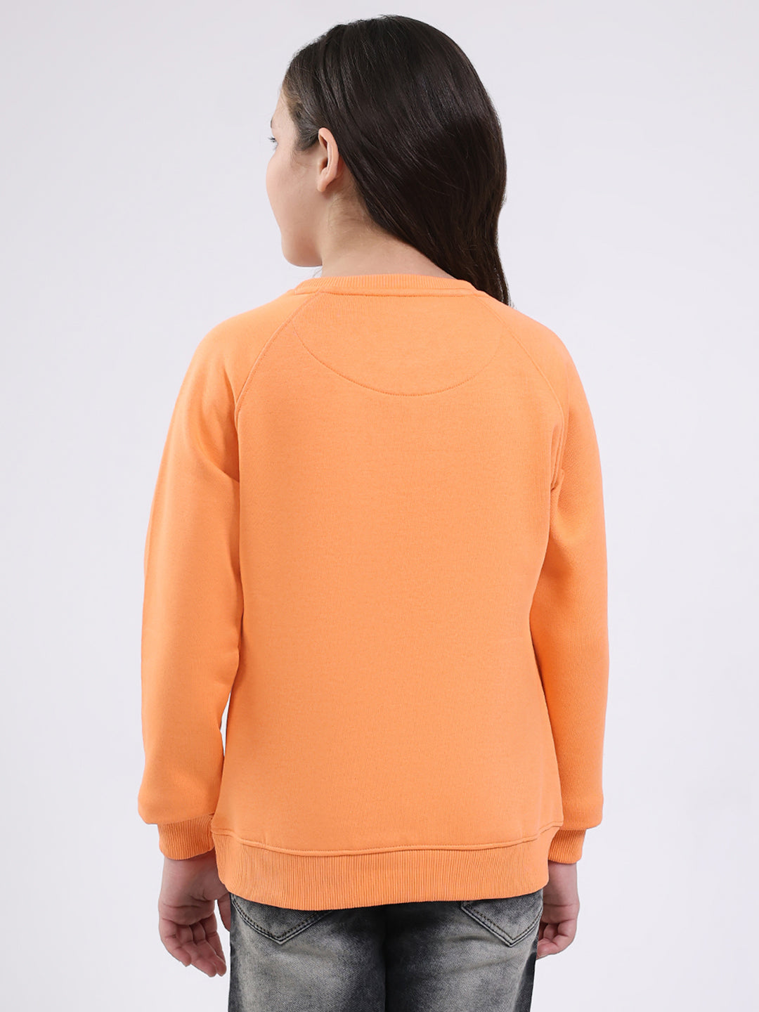Girls Orange Printed Round Neck Full Sleeve Sweatshirt