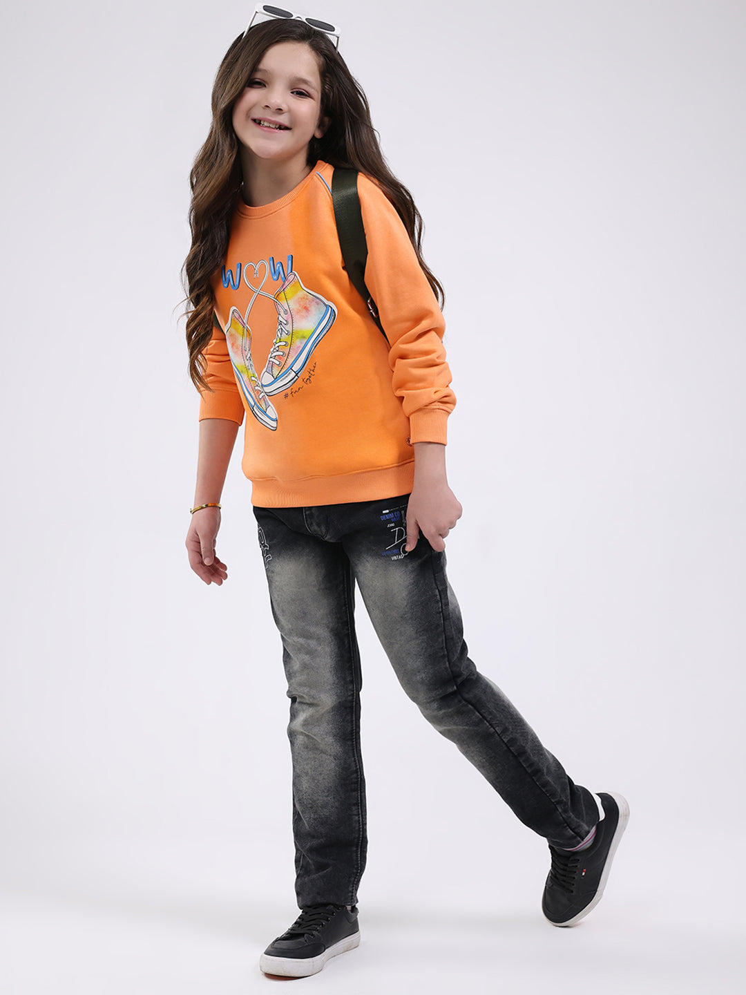 Girls Orange Printed Round Neck Full Sleeve Sweatshirt