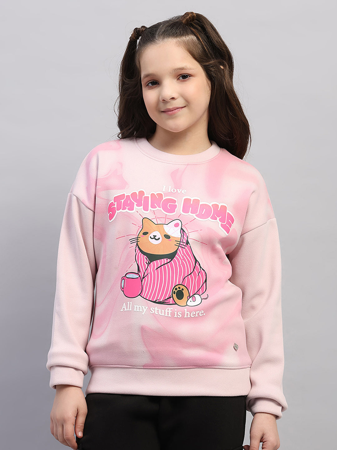 Girls Pink Printed Round Neck Full Sleeve Sweatshirt