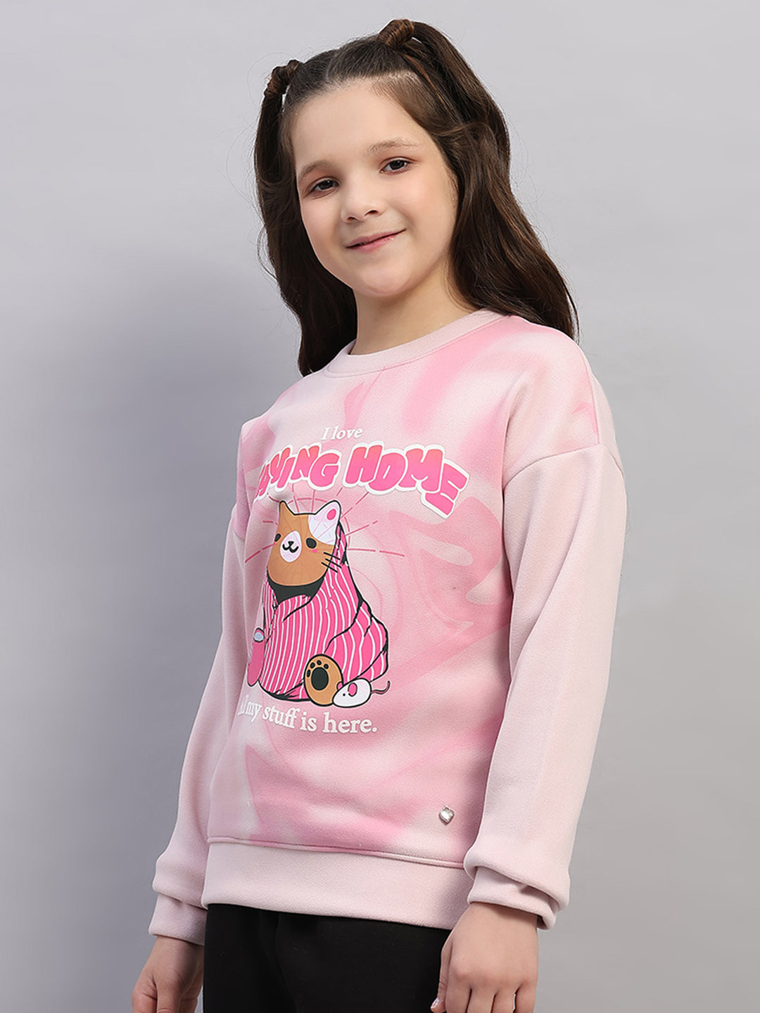 Girls Pink Printed Round Neck Full Sleeve Sweatshirt