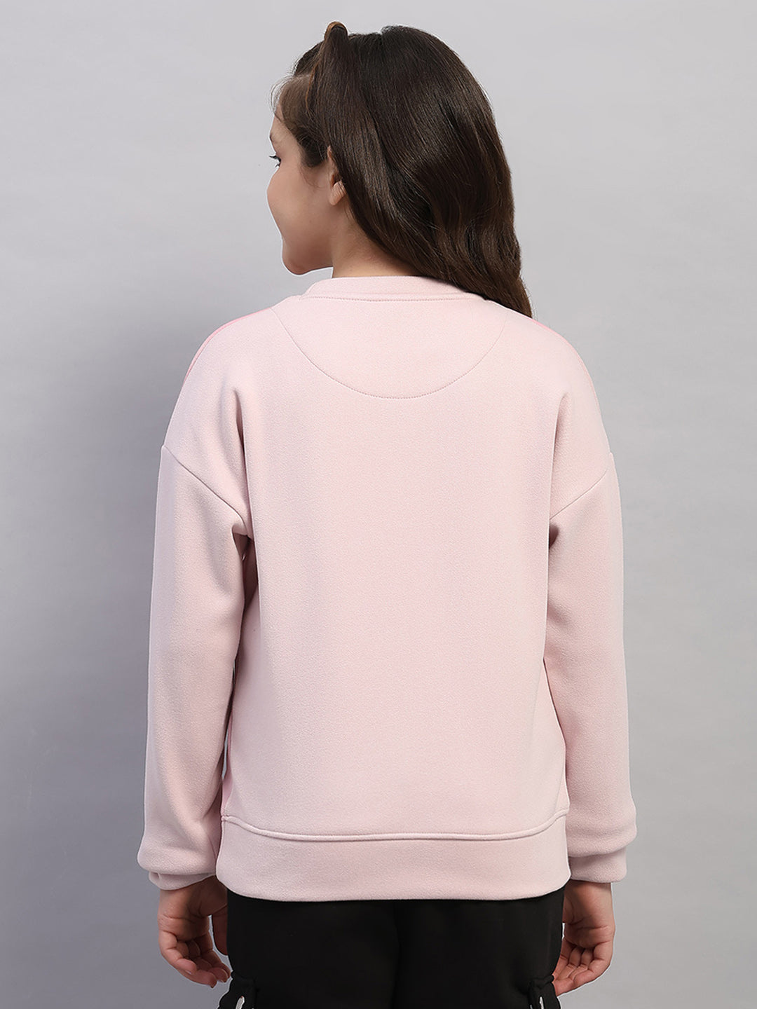 Girls Pink Printed Round Neck Full Sleeve Sweatshirt