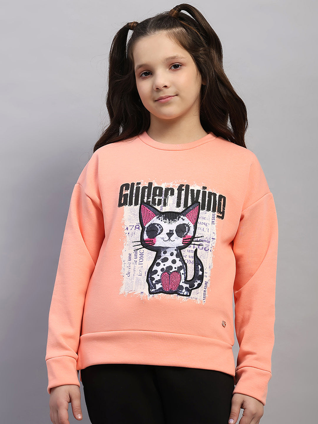 Girls Peach Printed Round Neck Full Sleeve Sweatshirt