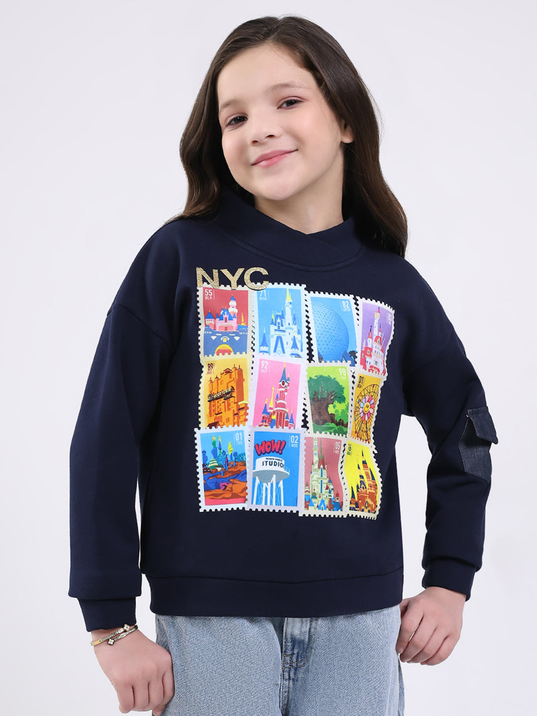 Girls Navy Blue Printed Mock Neck Full Sleeve Sweatshirt
